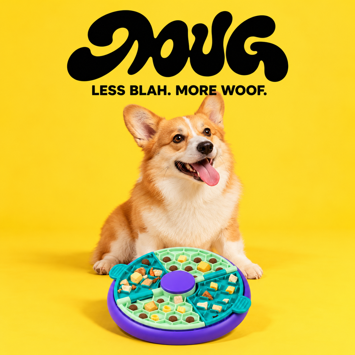 Un corgi mange dans une gamelle anti-glouton sur fond rose